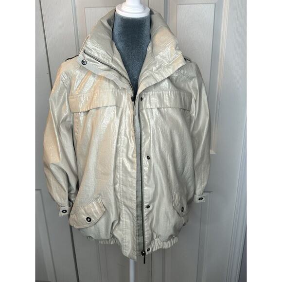 Chico's Metallic Shimmer Utility Jacket Womens Sz 2 (L) Champagne Hooded Hidden - Picture 12 of 15